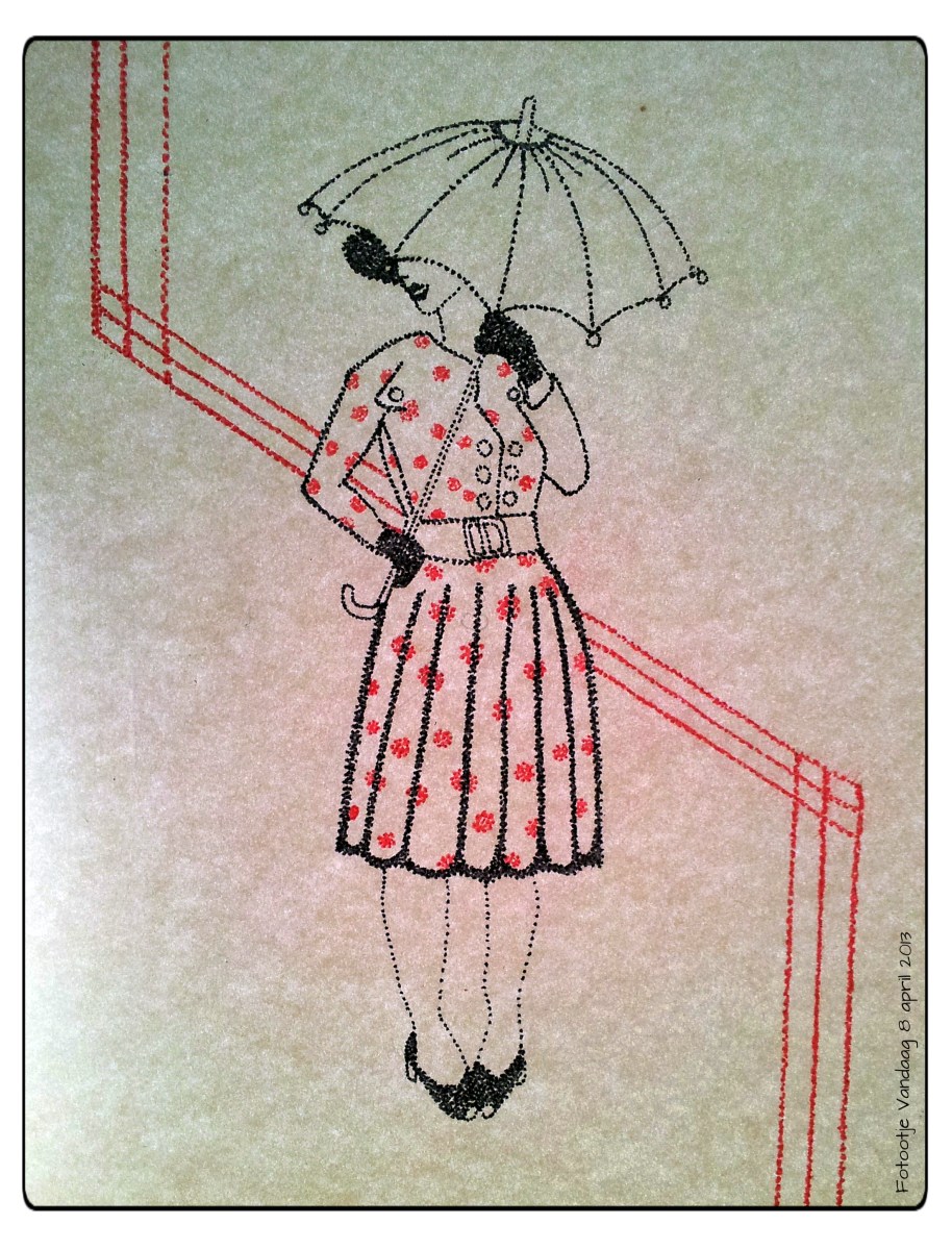 Deze tekening is voor Gerda, zij vond laatst op zolder heel veel oude parapluutjes, vandaar dan ook nu een chique dametje met plu voor haar! 