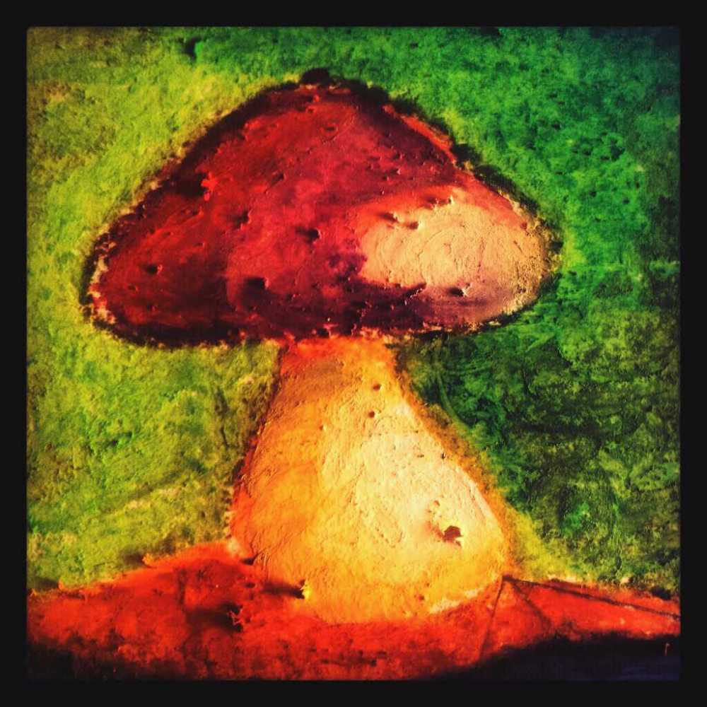 paddestoel, schetsje met olie-pastel krijt.