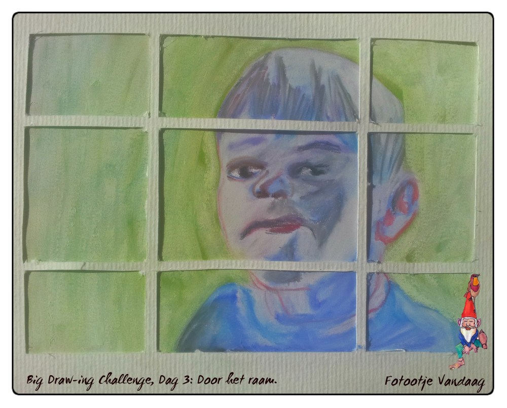 Dag 3, Door het raam, pastelpotlood.
