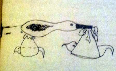 "Spokevaar"  Dit tekeningetje stond op de eerste bladzijde van de 1e editie van het Spookblad. 