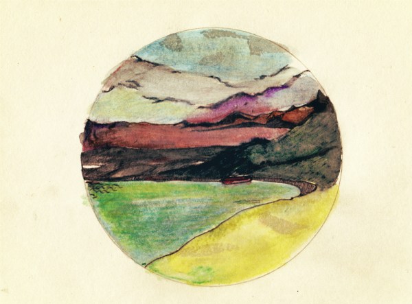 Bergmeer (pen, inkt en aquarelpotlood)