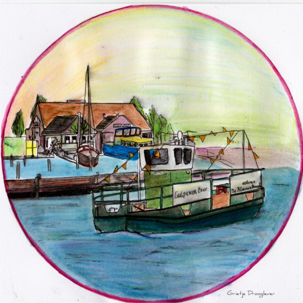 De blauwe beugel, tekening  met pen en aquarel.