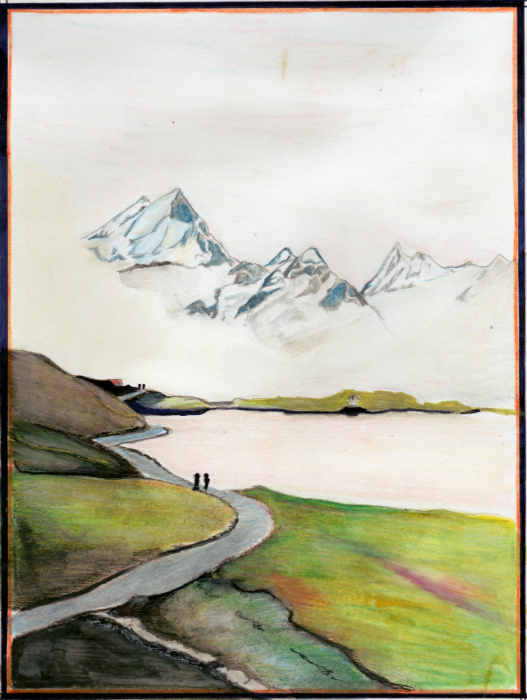 Wandelpad met bergen in de mist, getekend met potlood.