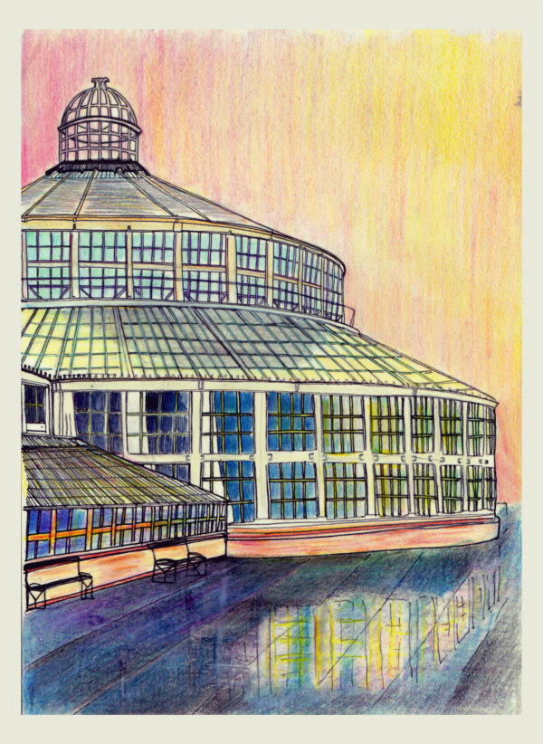 Kas van de Botanische tuin in Kopenhagen. Tekening gemaakt met potlood.